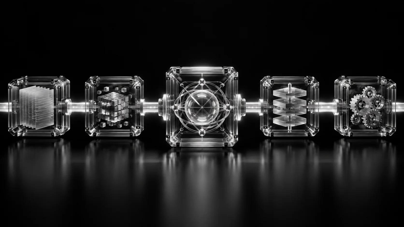 Horizontal glass modules representing Claude Sonnet 5.5 moving efficiently through professional workflows