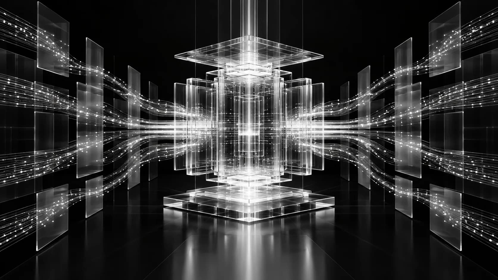 Abstract glass intelligence system representing GPT-6.1 Sol coordinating parallel enterprise workflows